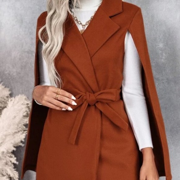 Overcoat Cloak Sleeve Lapel Collar Belted Cape Jacket caramel - Picture 3 of 6